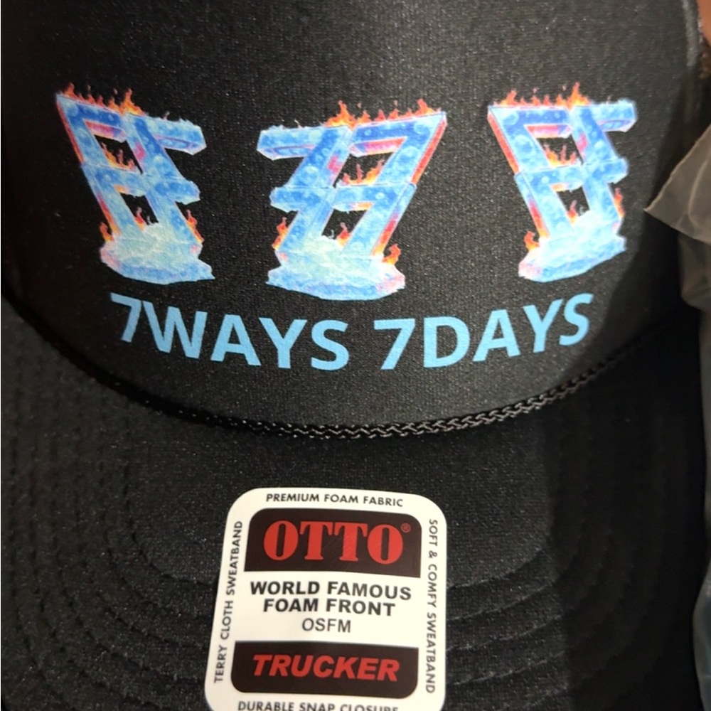 7WAYS 7DAYS Black Trucker Hat with Blue and Orange Design